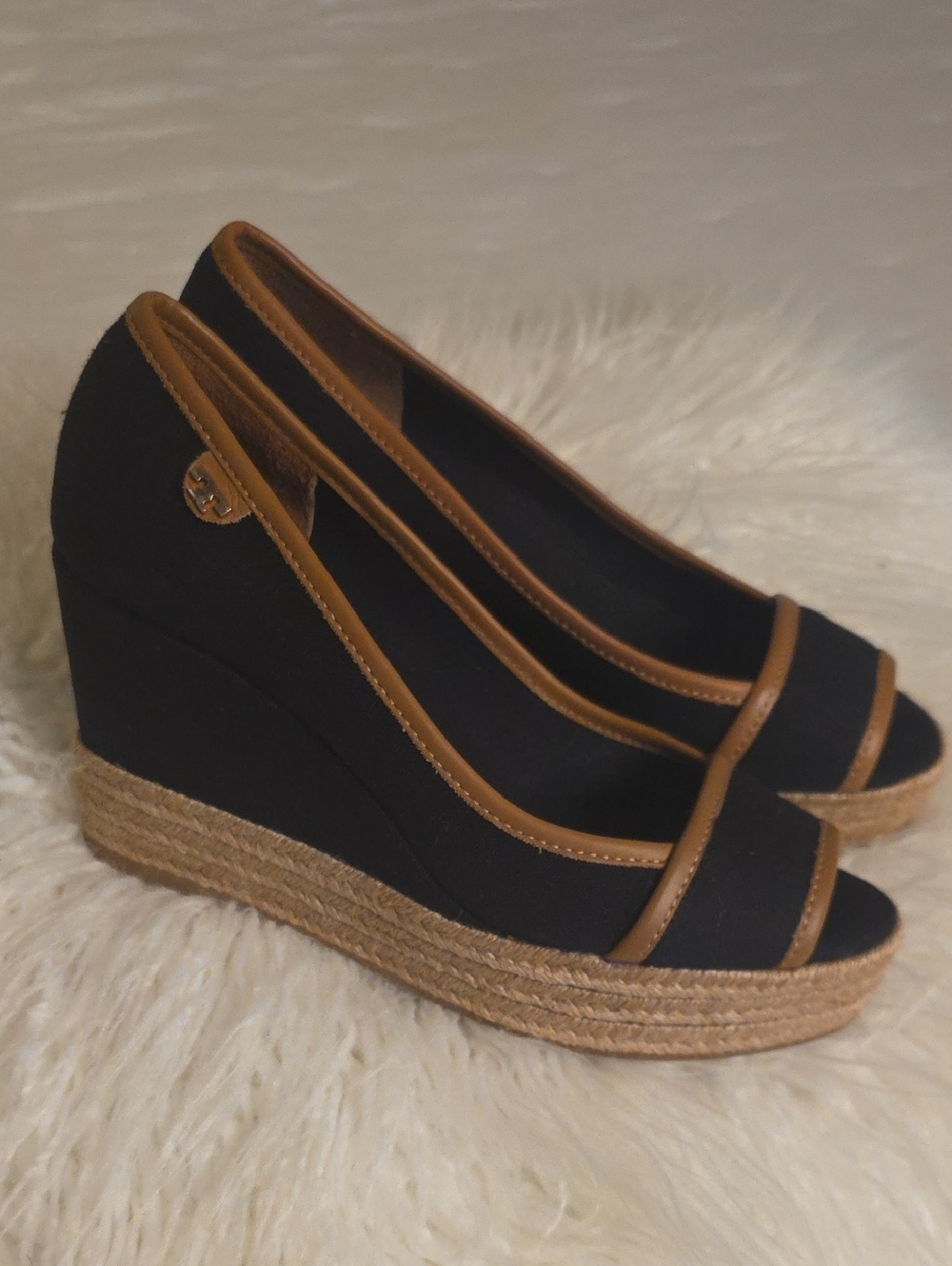 Tory Burch Black and Brown Espadrille Wedge Peep-Toe
